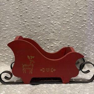 vintage red wood Santa sleigh Christmas decor hand painted Metal Runners‎ 80s